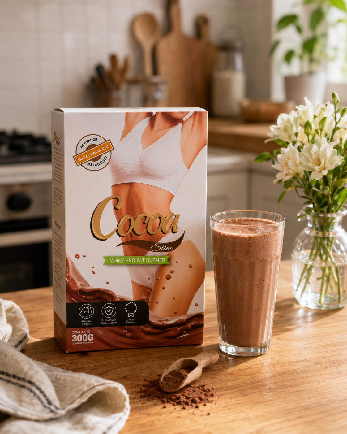 Cocoa Slim Whey Pro Fat Burner 300 g con batido